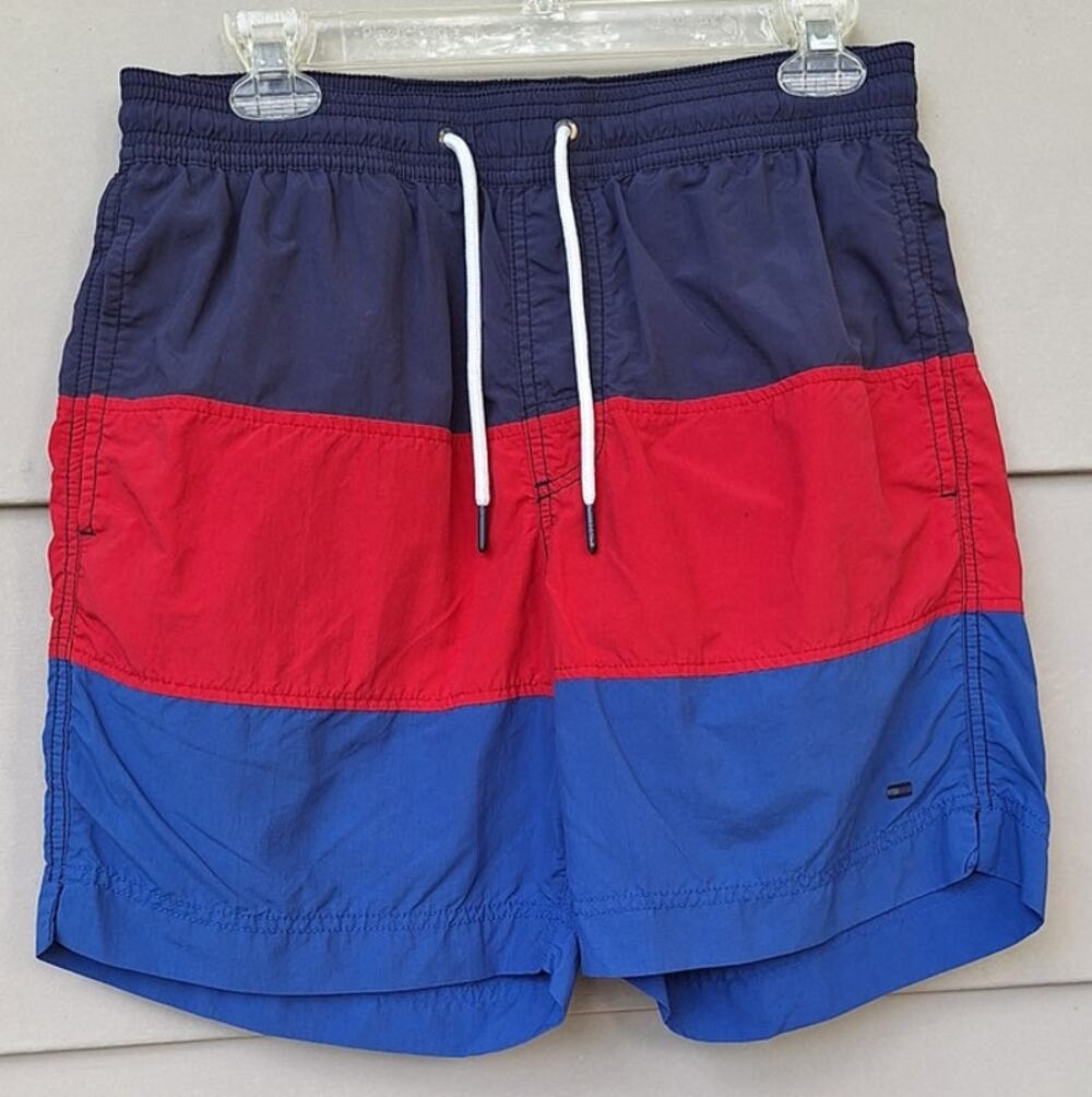 Tommy Hilfiger Men's Color Block Swim Trunks Blue Red Size S Mesh Lined Pockets